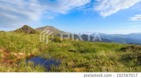 Summer mountain view with puddle (with observatory ruins on Chornogora Ridge, Ukraine). Summer mountain view with puddle (with observatory ruins on Chornogora Ridge, Ukraine). 102567017