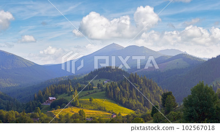 View on morning summer mountain village. 102567018