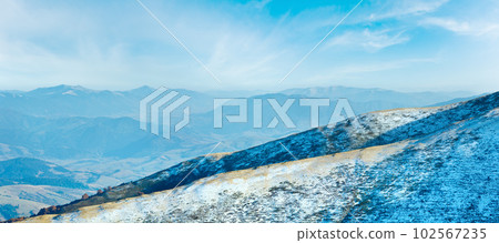 Autumn mountain panorama with first winter snow Autumn mountain panorama with first winter snow 102567235