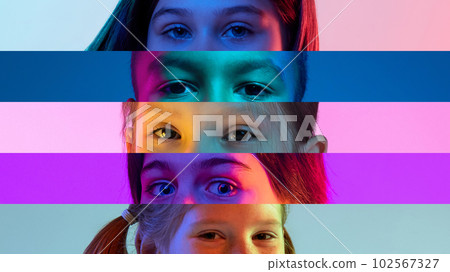 Collage made of narrow stripes with children eyes, different kids posing attentively looking over multicolored background in neon lights Collage made of narrow stripes with children eyes, different kids posing attentively looking over multicolored background in neon lights 102567327