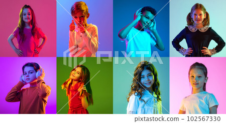 Collage made of portraits of different children, boys and girls having fun, listening to music in headphones over multicolored background in neon lights 102567330