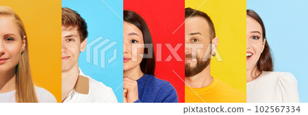 Collage. Half-face portraits of different young people, men and women with smiling and curious faces over multicolor background 102567334