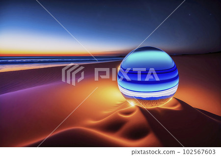 Abstract image of a glowing glass sphere reflecting the waves of the sea on a small hill of sand, made with generative ai Abstract image of a glowing glass sphere reflecting the waves of the sea on a small hill of sand, made with generative ai 102567603
