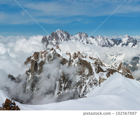 Mont Blanc mountain massif view from Aiguille du Midi Mount 102567897