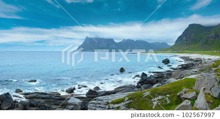 Haukland beach summer panorama (Norway, Lofoten). 102567997
