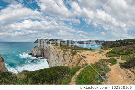 Summer ocean bay coastline view near Gorliz town, Biscay bay (Spain). 102568106