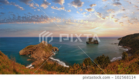 Doniene Gaztelugatxeko hermitage on top of Gaztelugatxe island. Bisca bay (Spain). Dates from the 10th century. Doniene Gaztelugatxeko hermitage on top of Gaztelugatxe island. Bisca bay (Spain). Dates from the 10th century. 102568114