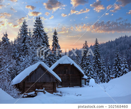 Evening winter Ukrainian Carpathian Mountains landscape. Evening winter Ukrainian Carpathian Mountains landscape. 102568460
