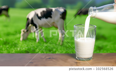 Milk is poured into a glass cup from a bottle on the wooden table. Milk cows and Green grasses background. World Milk Day concept. Generative Ai. Milk is poured into a glass cup from a bottle on the wooden table. Milk cows and Green grasses background. World Milk Day concept. Generative Ai. 102568526