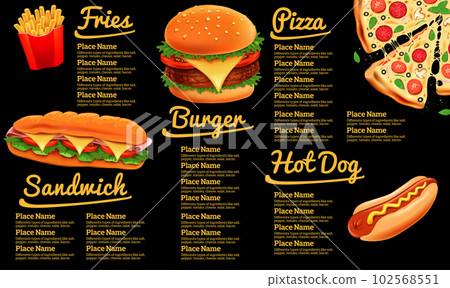 e Fast food menu on black chalkboard with hamburger, fries, hotdog, sandwich, baguette, pizza e Fast food menu on black chalkboard with hamburger, fries, hotdog, sandwich, baguette, pizza 102568551
