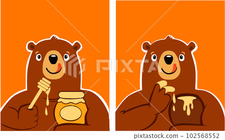 cartoon funny bear holding honey sticks with honey and jar of honey cartoon funny bear holding honey sticks with honey and jar of honey 102568552