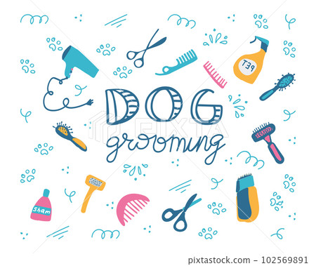 Dog grooming. Lettering for website, banner, flyer. Pet haircut in cartoon style. Grooming products, shampoos, wire cutters, combs, scissors. Vector. Landing page isolated on white background 102569891