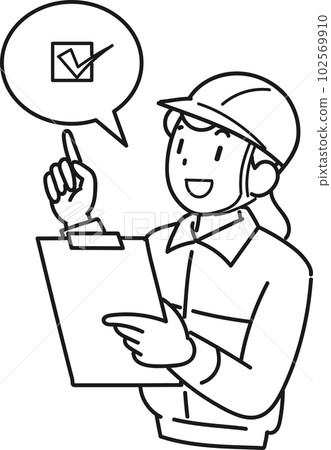 Upper body of a woman in work clothes pointing with a binder in one hand 102569910
