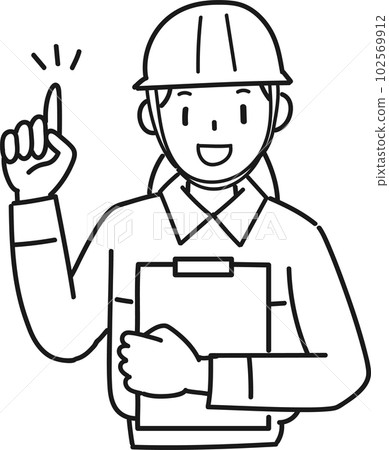 Upper body of a woman in work clothes pointing with a binder in one hand 102569912