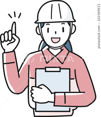 Upper body of a woman in work clothes pointing with a binder in one hand 102569913