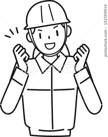 A young woman wearing work clothes doing a guts pose with both hands 102569914
