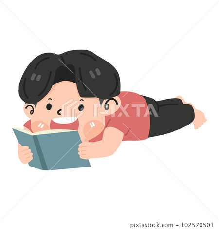 Cartoon reading kid lying with book Cartoon reading kid lying with book 102570501