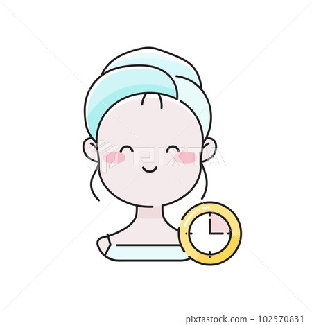Young Woman Applied a Cream or Mask to Her Face and is Waiting for It to Work. Cote modern vector isolated illustration of female girl character with a towel on her hair after a shower. Asian style. Young Woman Applied a Cream or Mask to Her Face and is Waiting for It to Work. Cote modern vector isolated illustration of female girl character with a towel on her hair after a shower. Asian style. 102570831