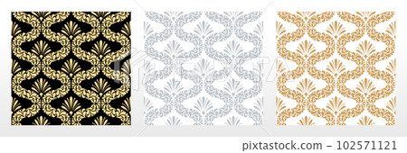 Wallpapers in the style of Baroque. Seamless vector backgrounds. Set of colored floral ornaments. Graphic patterns for fabric, wallpaper, packaging. Ornate Damask flower ornaments 102571121