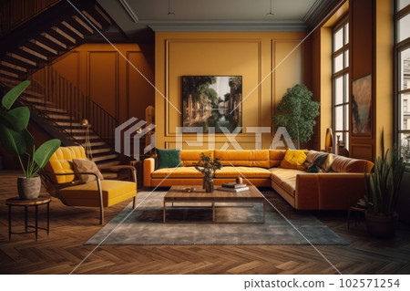 Classic living room with modern sofas, pastel colored walls, large windows, large open space. Walls and upholstered furniture in shades of yellow, which is the main color in the room. 102571254