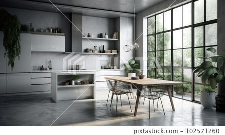 Modern spacious bright kitchen with dining area, table and chairs. Minimalistic design, free space, large panoramic windows with stunning views of the garden. The concept of a modern comfortable home. 102571260