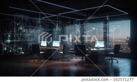 Comfortable and refined office space in a modern building. Dark muted tones, a wooden desktop with a desktop computer, expensive elite finishing materials, huge panoramic windows. Modern workspace. 102571277