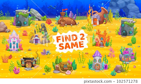 Find two same cartoon fairytale underwater house buildings. Kids vector game worksheet with cartoon mermaid homes. Tin can, jug, ship and turtle shell with pot and tower. Educational children riddle 102571278