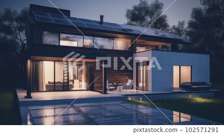 A modern two-story cottage with panoramic windows, a spacious terrace, a swimming pool and solar panels on the roof. Spectacular sunset light. The concept of smart home and alternative energy. 102571291
