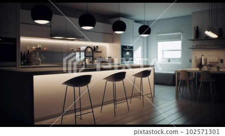 Modern minimalist kitchen in black and white with loft-style elements, spectacular lighting, counter and bar stools. Modern minimalist kitchen in black and white with loft-style elements, spectacular lighting, counter and bar stools. 102571301
