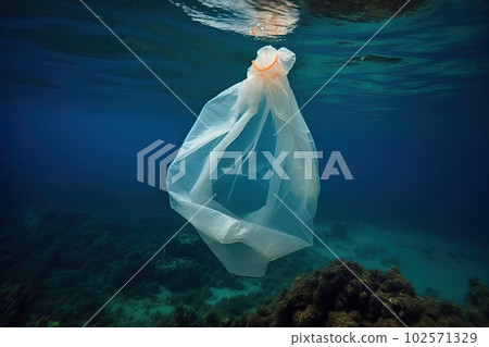 Plastic waste underwater, a plastic bag in the sea. Pollution concept. Generative AI 102571329