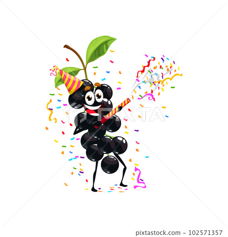 Cartoon bird cherry character, birthday holiday. Cheerful healthy berry personage shoot petard on celebratory gathering. Funny fruit in festive cap having good time with party decorations and confetti Cartoon bird cherry character, birthday holiday. Cheerful healthy berry personage shoot petard on celebratory gathering. Funny fruit in festive cap having good time with party decorations and confetti 102571357
