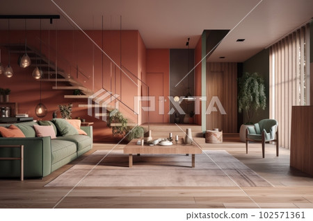 Modern living room with comfortable sofas, pastel colored walls, large windows, large open space. A combination of dusty pink and shades of green. Fashionable color combination. Modern living room with comfortable sofas, pastel colored walls, large windows, large open space. A combination of dusty pink and shades of green. Fashionable color combination. 102571361