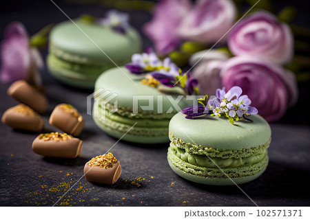 Traditional french cookie macaron with pistachio flavor. Small French cakes. Sweet green french macarons. Generative AI Traditional french cookie macaron with pistachio flavor. Small French cakes. Sweet green french macarons. Generative AI 102571371