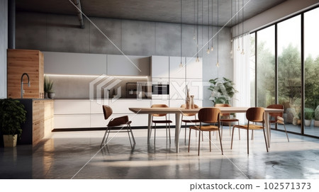 Modern spacious bright kitchen with dining area, table and chairs. Minimalistic design, free space, large panoramic windows with stunning views of the garden. The concept of a modern comfortable home. Modern spacious bright kitchen with dining area, table and chairs. Minimalistic design, free space, large panoramic windows with stunning views of the garden. The concept of a modern comfortable home. 102571373