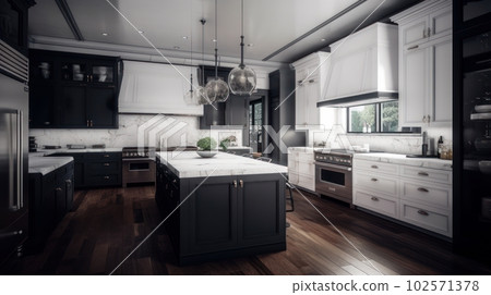 Modern stylish kitchen with a combination of white and black fronts and a kitchen island, white marble countertops. Modern kitchen appliances. A combination of classic and minimalism. Modern stylish kitchen with a combination of white and black fronts and a kitchen island, white marble countertops. Modern kitchen appliances. A combination of classic and minimalism. 102571378