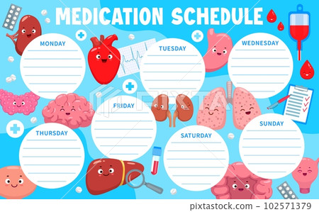 Medication schedule cartoon body organ characters. Vector medicine school timetable with funny brain, liver, kidney or bladder. Stomach, gut, heart or spleen, lungs, uterus and thyroid with blood drop Medication schedule cartoon body organ characters. Vector medicine school timetable with funny brain, liver, kidney or bladder. Stomach, gut, heart or spleen, lungs, uterus and thyroid with blood drop 102571379