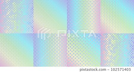 Hologram texture patterns, rainbow foil with gradient glitter, vector holograph backgrounds. Holographic patterns of metal foil iridescent mesh and color blend gradation with hologram patterns Hologram texture patterns, rainbow foil with gradient glitter, vector holograph backgrounds. Holographic patterns of metal foil iridescent mesh and color blend gradation with hologram patterns 102571403