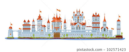 Knight stone castle and fortress. Gate, tower and turret, bridge, fort, wall and palace. Cartoon vector medieval building exterior, isolated architecture facade with wooden closed door and red flags Knight stone castle and fortress. Gate, tower and turret, bridge, fort, wall and palace. Cartoon vector medieval building exterior, isolated architecture facade with wooden closed door and red flags 102571423