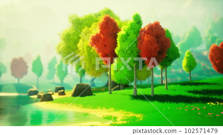 colorful cartoon forest at sunset 102571479
