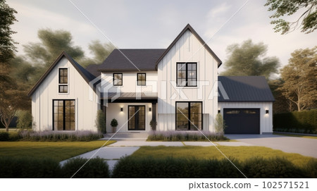 Modern large and spacious two-story wooden house with white walls and a black roof in Nordic style with a manicured lawn, surrounded by bushes and trees. 102571521