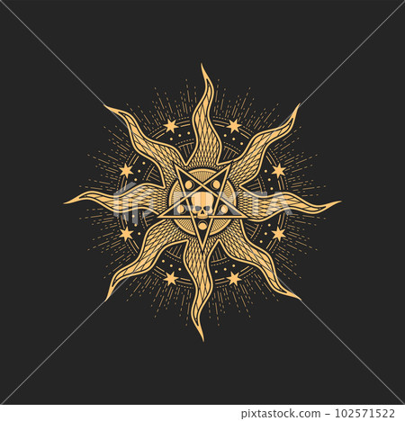 Sun, pentagram, human skull and stars esoteric occult sign. Vector round symbol for magic tarot cards, witchcraft or alchemy. Spiritual geometry emblem, isolated wicca or pagan sacred amulet, insignia Sun, pentagram, human skull and stars esoteric occult sign. Vector round symbol for magic tarot cards, witchcraft or alchemy. Spiritual geometry emblem, isolated wicca or pagan sacred amulet, insignia 102571522