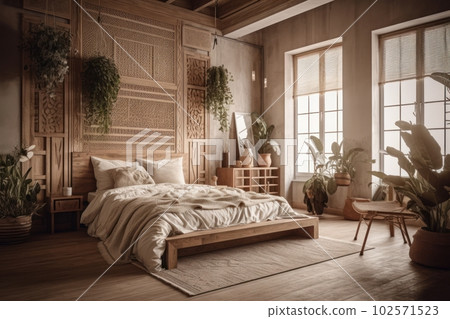 Cozy spacious bedroom in light muted colors with light wood furniture, live plants and oriental style interior elements. Large windows, soft morning light. Cozy spacious bedroom in light muted colors with light wood furniture, live plants and oriental style interior elements. Large windows, soft morning light. 102571523