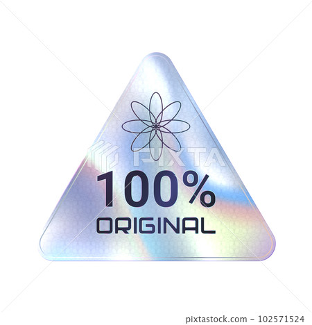 Original product quality hologram triangle sticker. Product quality metal hologram tag, official certificate shiny vector emblem or certified guarantee holographic badge or premium label Original product quality hologram triangle sticker. Product quality metal hologram tag, official certificate shiny vector emblem or certified guarantee holographic badge or premium label 102571524