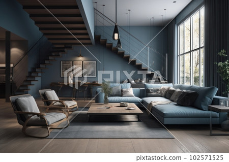 The interior of a modern living room with a kitchen, a dining area and a wooden staircase to the second floor. Soft grays and blues. Modern minimalism. The interior of a modern living room with a kitchen, a dining area and a wooden staircase to the second floor. Soft grays and blues. Modern minimalism. 102571525