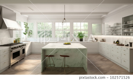 Modern spacious kitchen with white fronts and open shelves, marble kitchen island with bar stools. Large windows overlooking the garden. Modern spacious kitchen with white fronts and open shelves, marble kitchen island with bar stools. Large windows overlooking the garden. 102571526