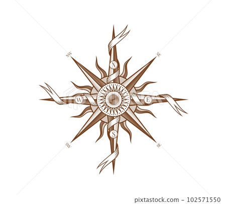 Vintage wind rose compass with medieval antique ribbons. Ocean navigation wind rose, marine expedition direction or sea geography map compass medieval engraved vector emblem Vintage wind rose compass with medieval antique ribbons. Ocean navigation wind rose, marine expedition direction or sea geography map compass medieval engraved vector emblem 102571550