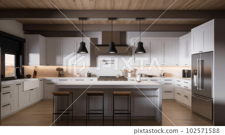 Modern stylish white kitchen in a spacious wooden house with beamed ceilings. Kitchen island with counter and bar stools. Classic nordic style. 102571588