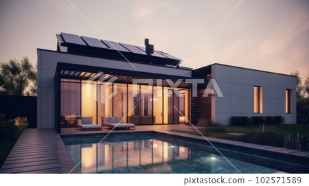 A modern two-story cottage with panoramic windows, a spacious terrace, a swimming pool and solar panels on the roof. Spectacular sunset light. The concept of smart home and alternative energy. 102571589