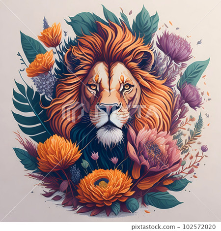 Nature Illustration of Proud Lion Head with Flower and Botanical Leaf on Light Background. Vintage Painting Style Design with Floral Elements for Invitation, Greeting Card or Cover. Ai Generated. 102572020