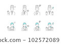 Illustration of a chef with negative emotions and a woman in an apron. Simple line drawing icon set. 102572089